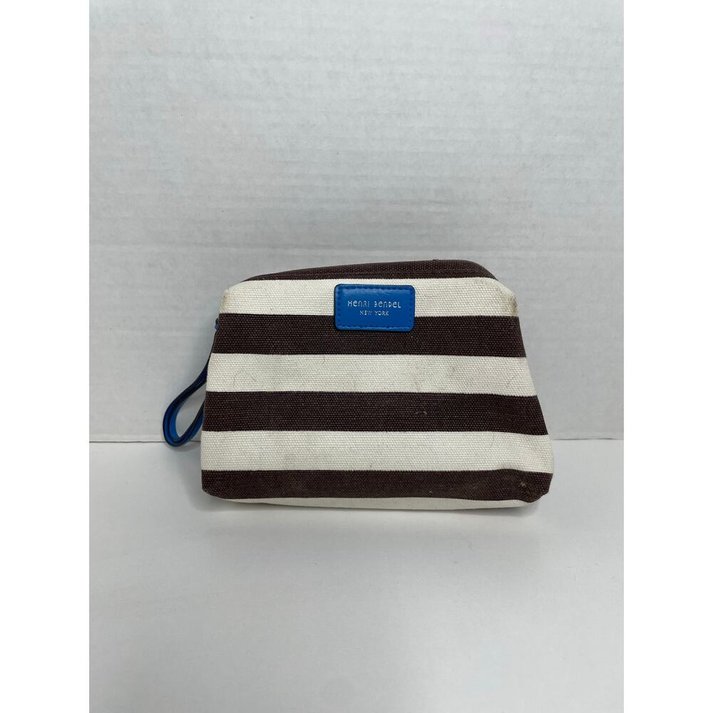 Henri Bendel Cosmetic Bag Brown White Stripe Blue Strap
